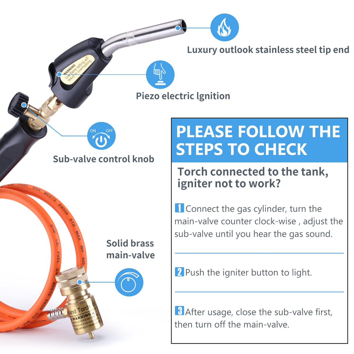 TAUSOM Propane Torch Hose Kit, Mapp Gas Torch Heat 3600℉ Map Gas Torch Kit Trigger Start & Heat Adjustment, Soldering Welding Torch Fuel by MAPP, Map/Pro,Propane(Includes Cylinder Clip)