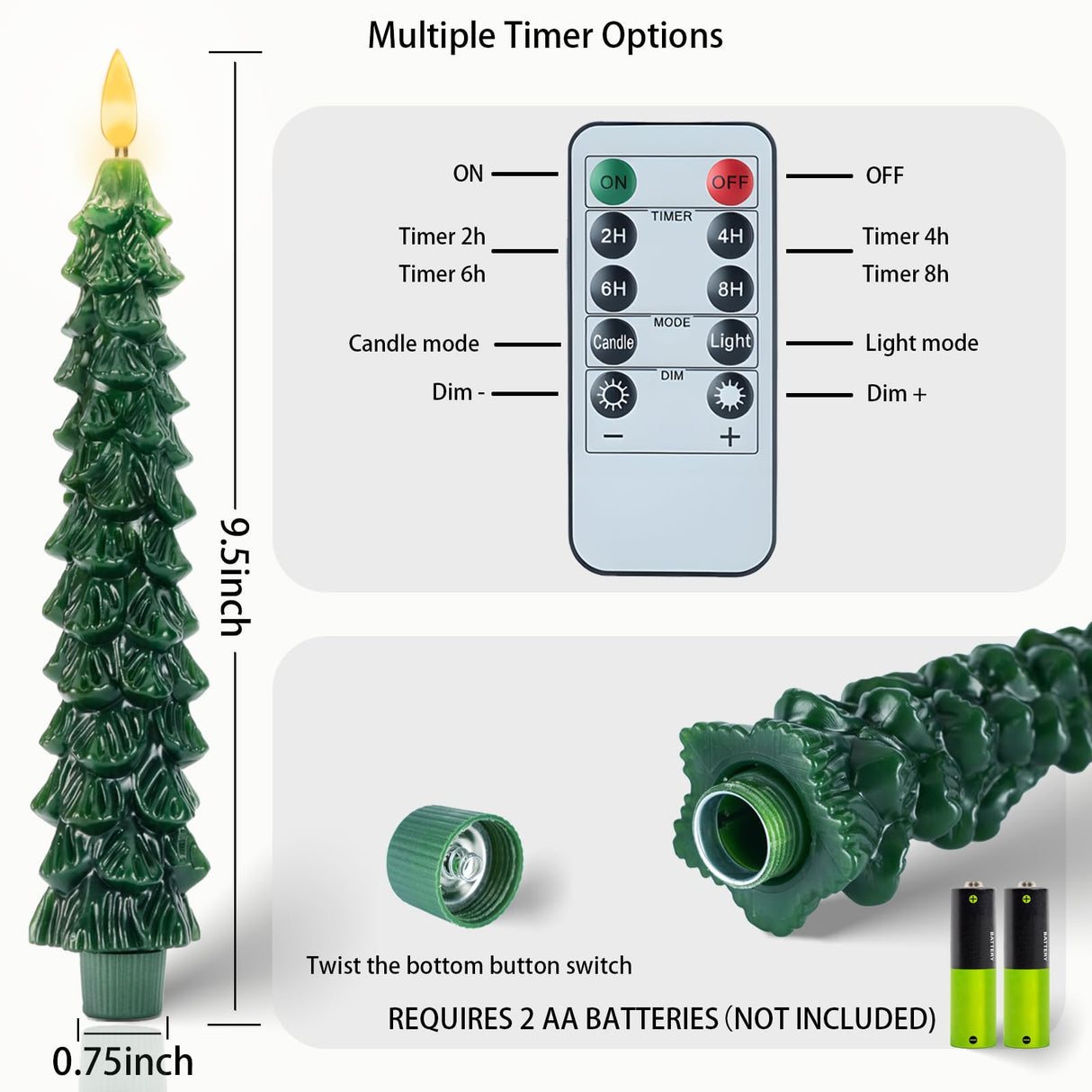Boribim Christmas Decorations Indoor - 4 PCS Christmas Tree Candles with Remote and Timer - Flameless Christmas Taper Candles - Battery Perated Green LED Candlesticks for Christmas Home Decor