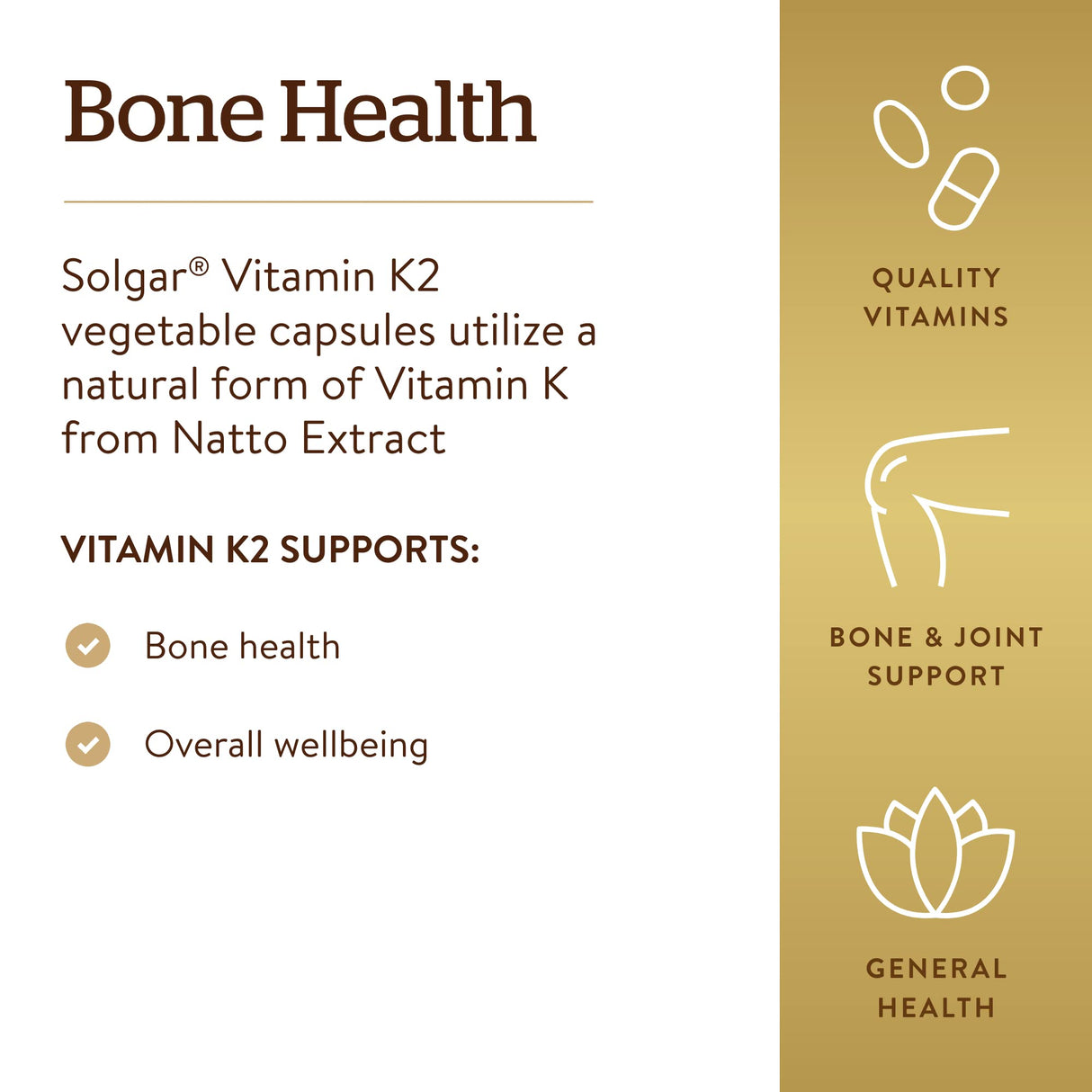 Solgar Naturally Sourced Vitamin K2 (MK-7) 100 mcg - 50 Vegetable Capsules - Supports Bone Health - Whole Food Source from Natto Extract - Non-GMO, Gluten Free - 50 Total Servings