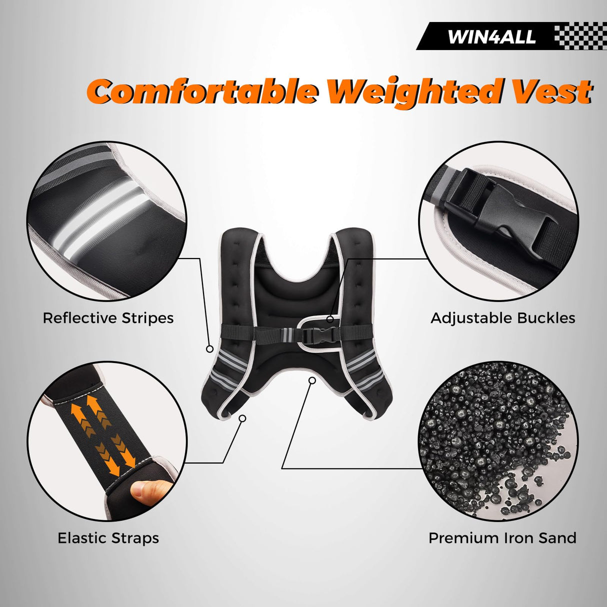 WIN4ALL Weighted Vest Men Women, 6lb/8lb/12lb/16lb/20lb Weighted Vest, Adjustable Women Weight Vest for Walking, Strength Training, Running, Fitness, Muscle Building, 8Lbs, Black
