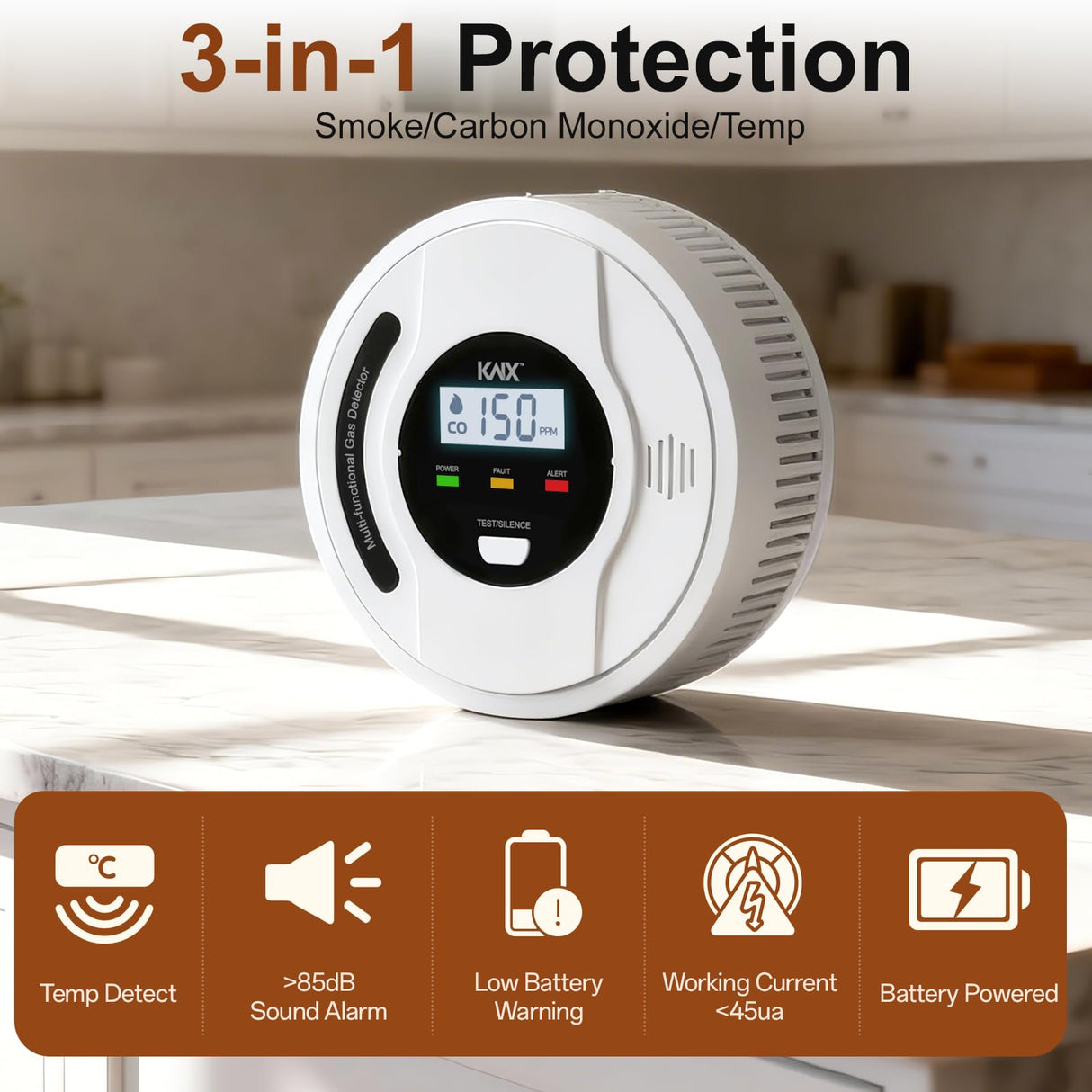 3-In-1 Smoke and Carbon Monoxide Detector Temper Sensor Combo Battery Powered,Smoke Detector, Carbon Monoxide Detectors, CO & Smoke Alarm, Digital Display,Carbon Monoxide Gas Detector for Home,Kitchen