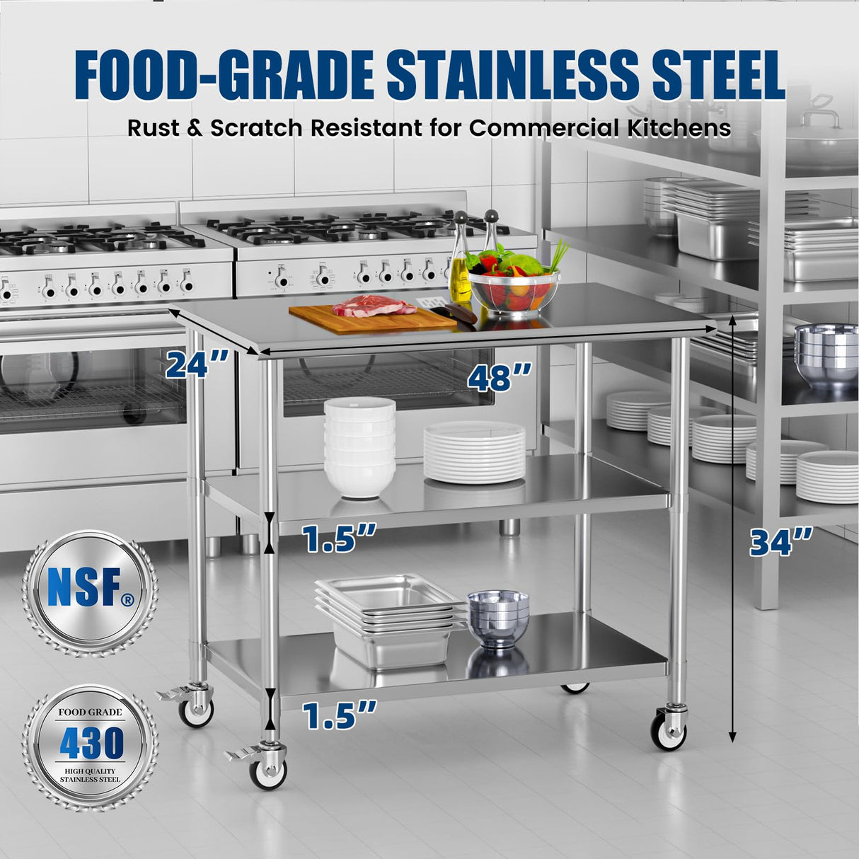 Chingoo Stainless Steel Work Table with Wheels, 24x48 Inch NSF Kitchen Prep Table with 2 Adjustable Undershelves for Commercial Restaurant, Garage, Outdoor BBQ