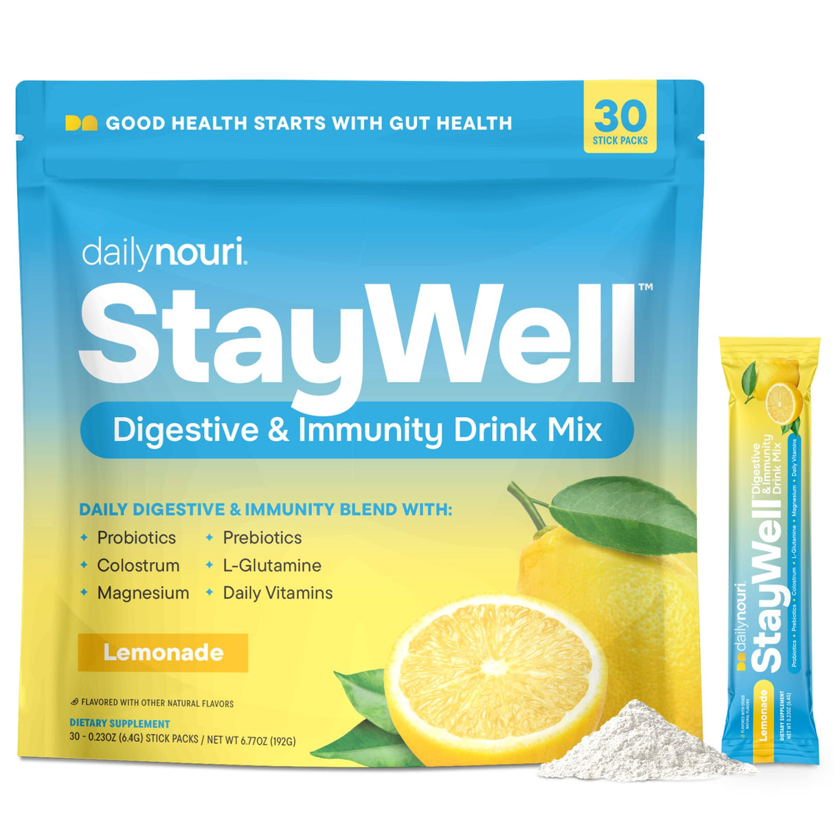 Daily Nouri StayWell Digestive & Immunity Drink Mix | Probiotics, Prebiotics, Colostrum, L-Glutamine, Magnesium, Manganese, Zinc, Vitamins for Gut Health, Digestion & Immune Support | 30 Stick Packs