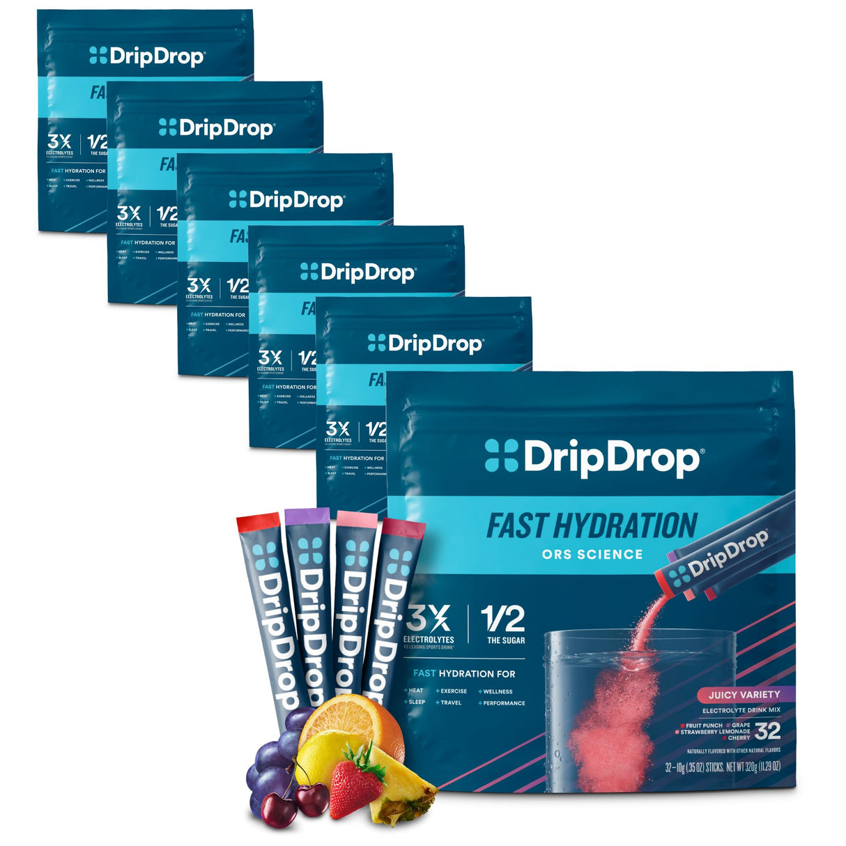 DripDrop Hydration Packets - Juicy Variety Pack - Single Serve Electrolytes Powder Drink Mix - Grape, Fruit Punch, Strawberry Lemonade, Cherry - Non-GMO, Gluten Free, Vegan - 192 Sticks
