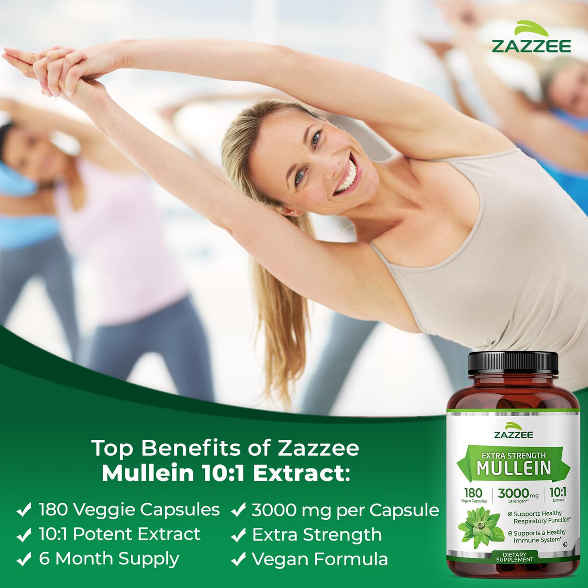 Zazzee Extra Strength Mullein 10:1 Extract, 3000 mg Strength, 180 Vegan Capsules, 6 Month Supply, Standardized 10X Extract, 100% Pure Leaf Powder, All-Natural and Non-GMO, Made in The USA