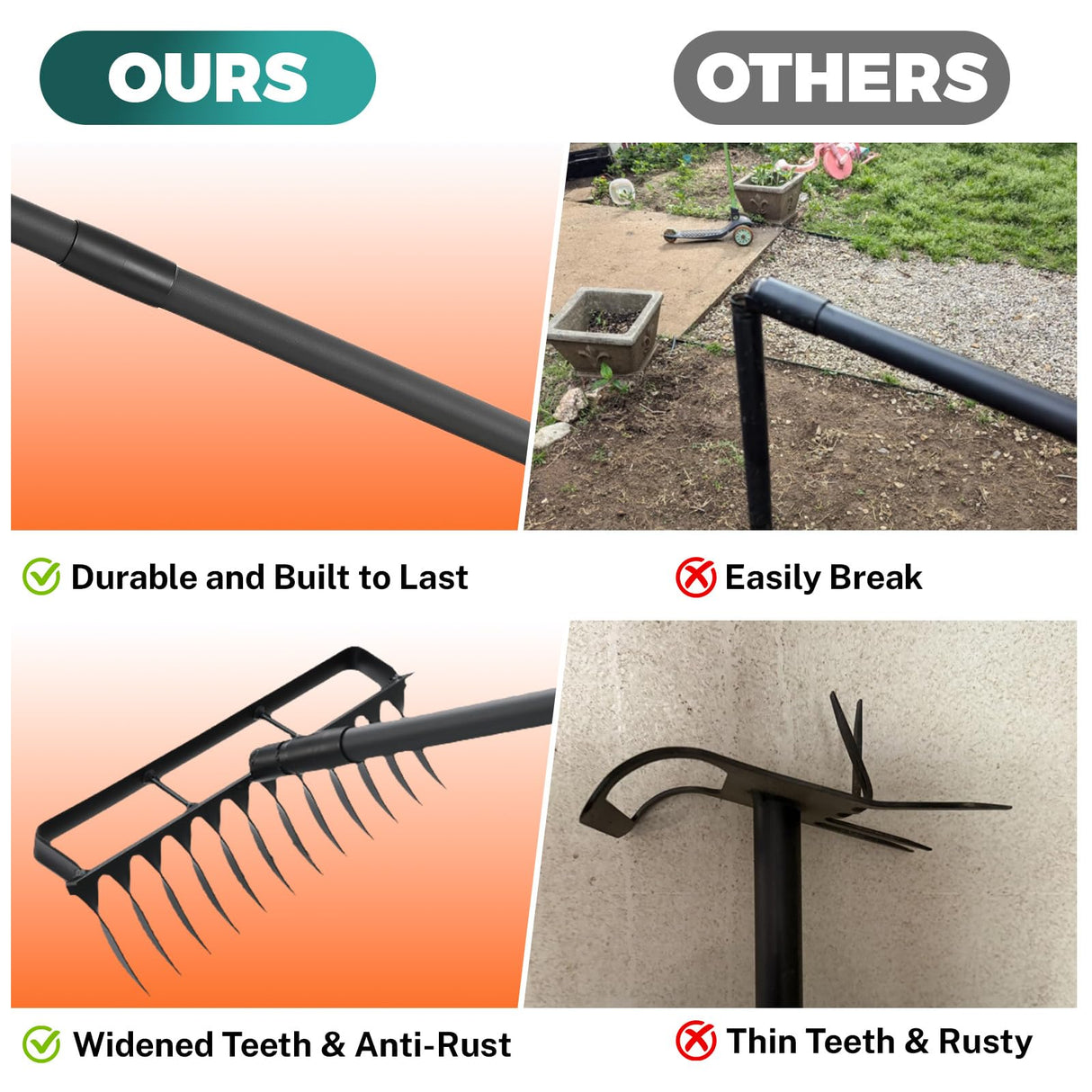 Stirrup Hoe with 76.8" Adjustable Long Handle Weed Puller Heavy Duty Garden Hoe with 12 Tines Rake 2-in-1 Gardening Tool for Loosening Soil, Gathering Leaves, Weeding