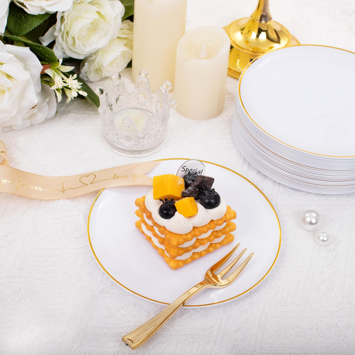 Festiva 200Pcs Gold Dessert Plates 6.3" with Forks 5"- Small Disposable Dessert/Cake/Appetizer Plates Plates- serve 100 guests include 100Plates 100Forks for Wedding Party&Thanksgiving&Christmas