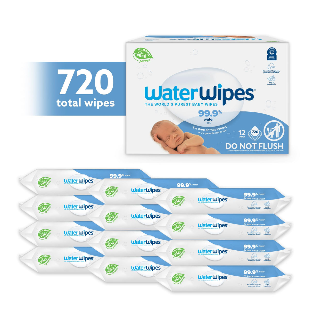 WaterWipes Plastic-Free Original Baby Wipes, 99.9% Water Based Wipes, Unscented & Hypoallergenic for Sensitive Skin, 1080 Count (18 packs)