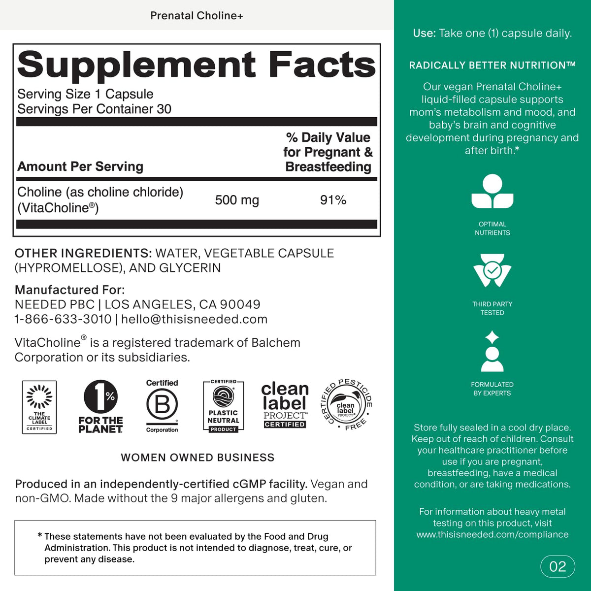 Needed.® Prenatal Choline+ for Cognitive Development, 30 Liquid Capsules
