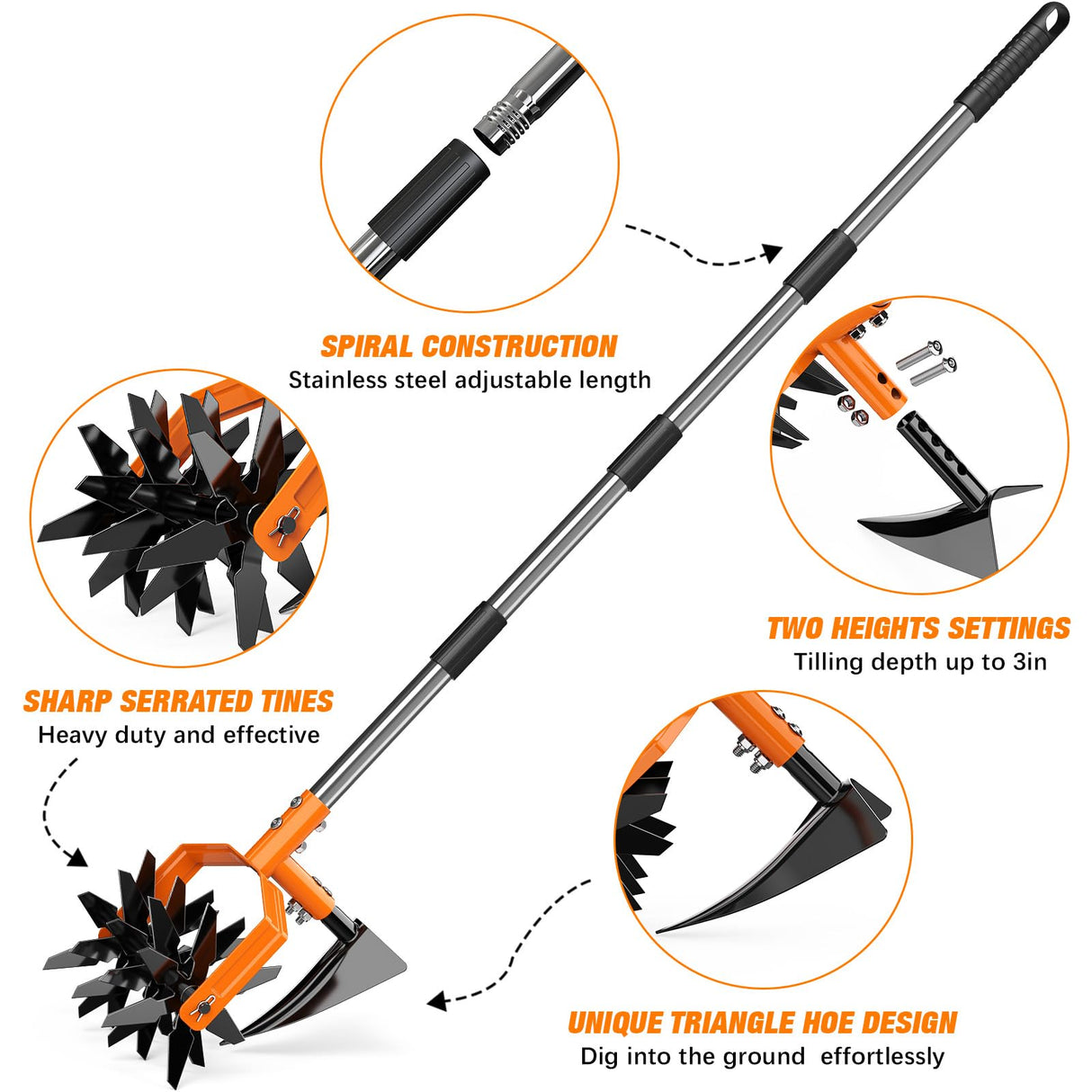 GINMIC Hand Tiller Garden Cultivator, Garden Tiller with Upgrated Triangle Hoe and Adjustable Long Handle, 2-in-1 Weeder & Soil Aerator for Lawn Care, Cultivate, Plant, Reseed, Gardening Hand Tools