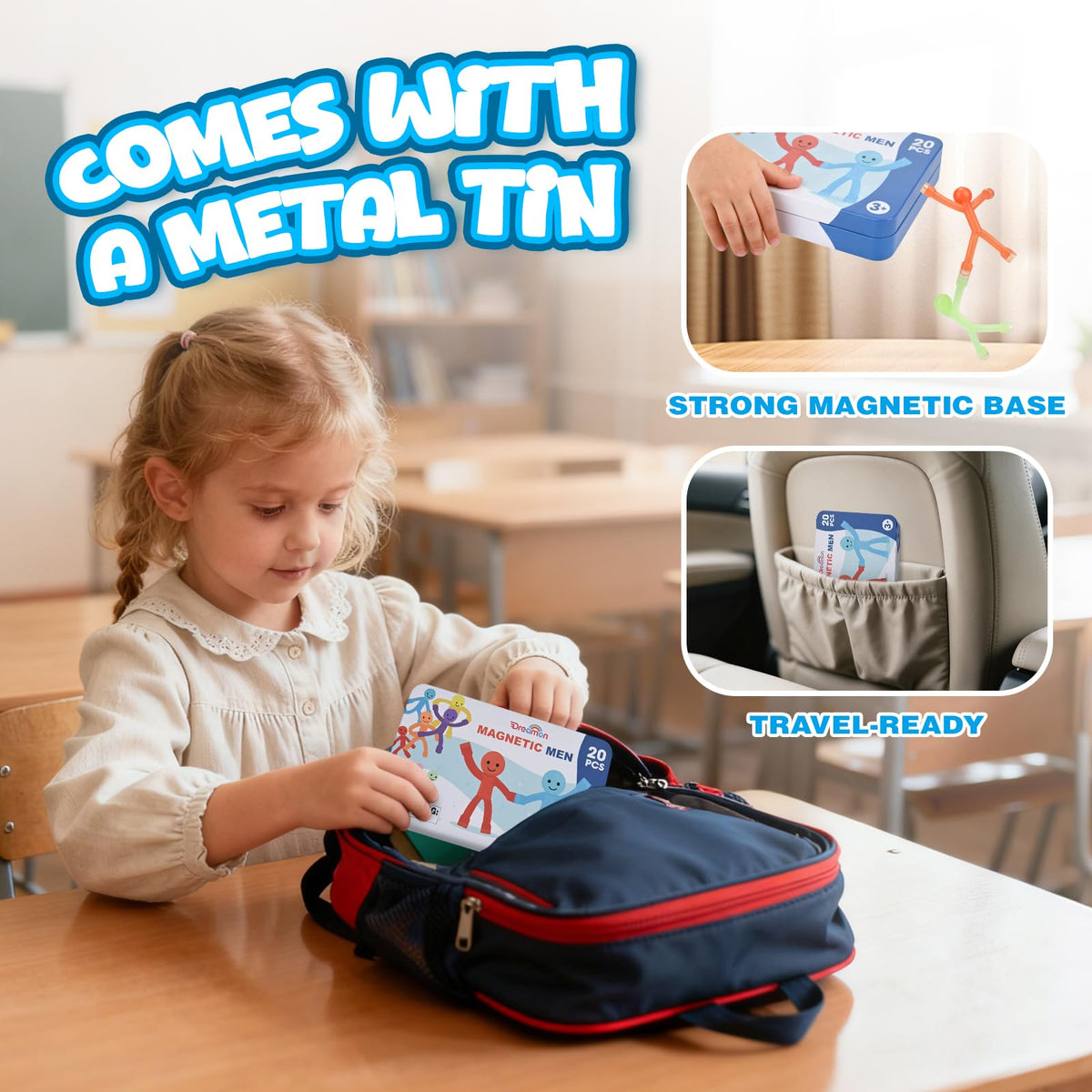 20Pcs Magnetic Travel Toys, Magnets Men for Kids with Portable Metal Box
