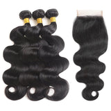 Body Wave Bundles with Closure Human Hair 16 18 20+14 Inch Human Hair Bundles with Closure 100% Brazilian Virgin Body Wave 3 Bundles Human Hair with 4x4 Lace Closure Natural Black