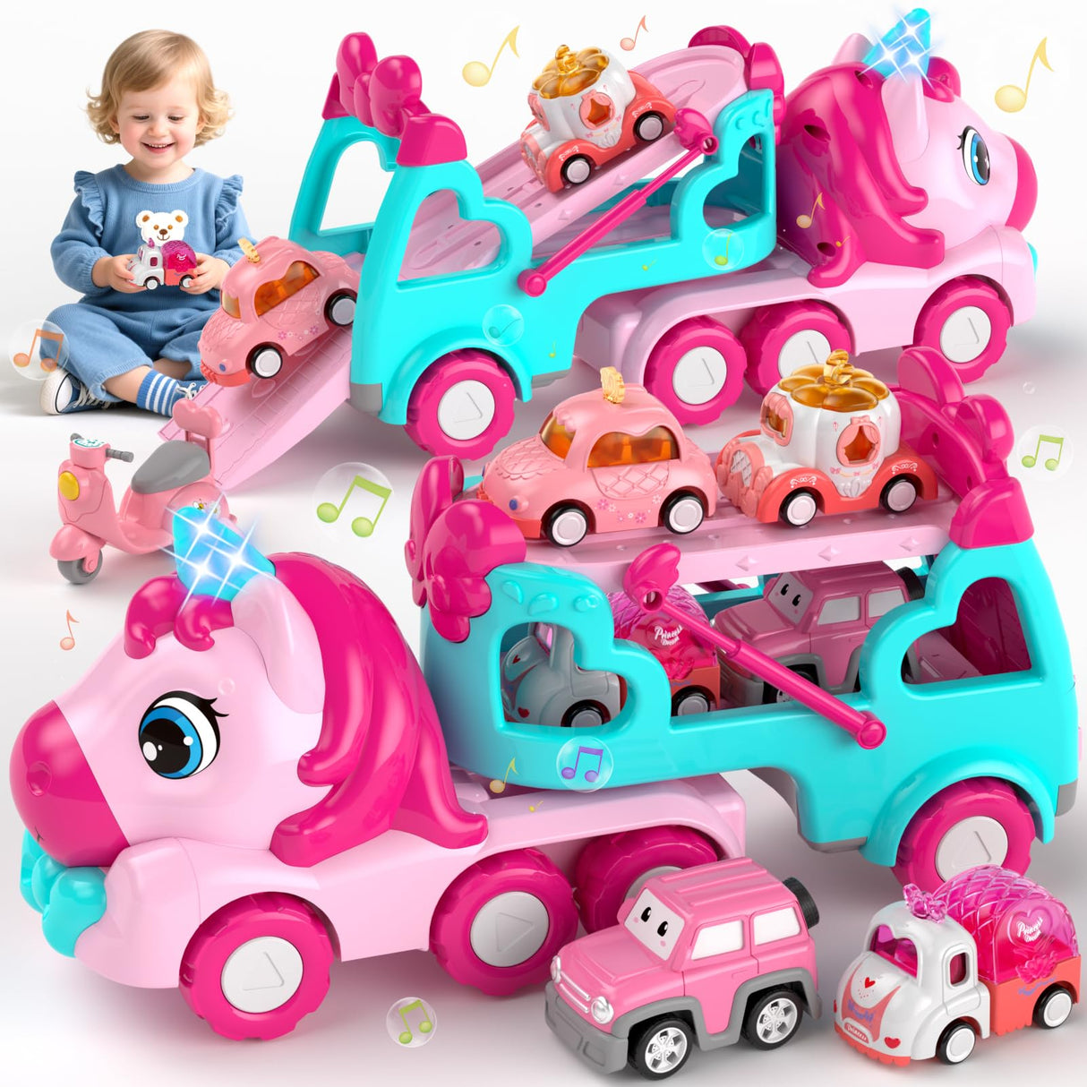 newcrave 7 in 1 Carrier Truck Cars Toys for 1 2 3 Year Old Girls, Toddlers Girl Toy with 6 Mini Cars, Princess Girl Car Toys Age 1 2 with Light & Music, 2+ Year Old Girls Gifts for Christmas Birthday