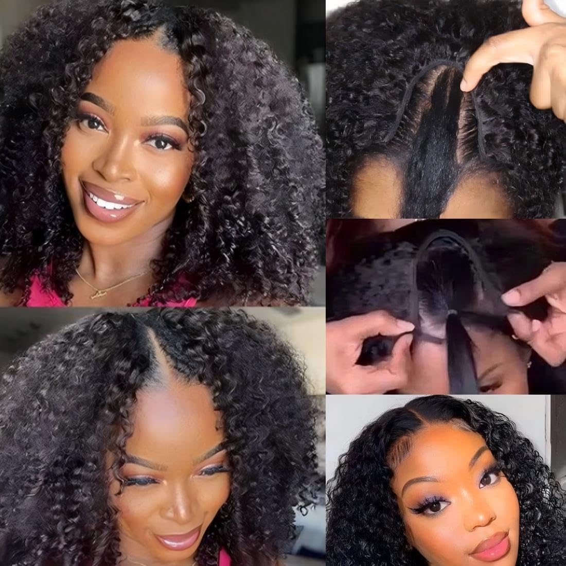 ISEE V Part Human Hair Afro Curly Minimal/No Leave Out Upgrade U Part Wig for Black Women Human Hair V Shape Wig Kinky Curly Thin Part Glueless Clip In Half Wig 180% Density Natural Color 18 Inch