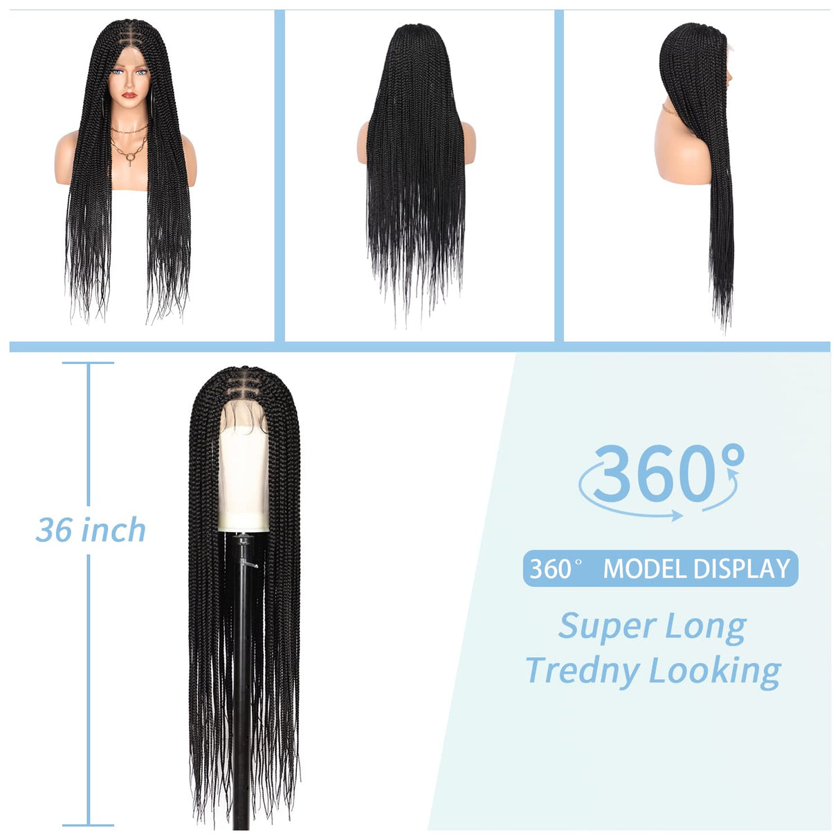 Fecihor 36" Knotless Braided Wigs Lace Front Box Braids Lace Frontal Wig for Women Human Hair Blended Black Hand Full double lace Braid Wig With Baby Hair
