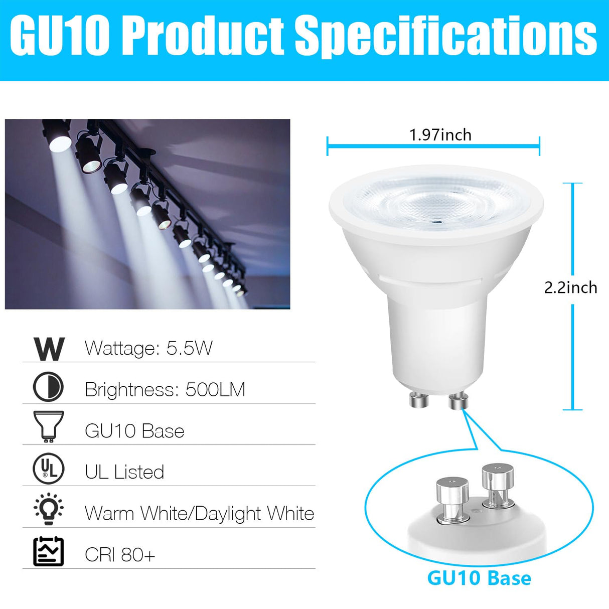 DAYBETTER GU10 LED Light Bulbs, Dimmable GU10 Bulb Replacement for Track Lighting, 5.5w Equivalent 50W, 500 LM Daylight White 5000K, MR16 LED Bulb for Kitchen, Range Hood, Living Room, 12 Pack