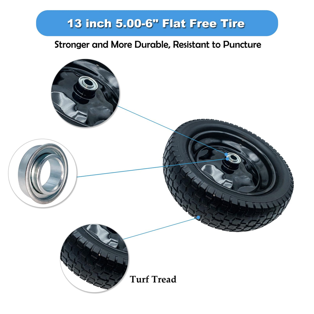 2-Pack Small 13x5.00-6 Flat Free Tire with Rim,2.25" Offset Hub with 5/8" Ball Bearing,Diameter 12.2",Width 3.6" w/Grease Fitting,300lbs Capacity,13x5-6 No-Flat Solid Wheel,for Lawn mower,Garden Cart