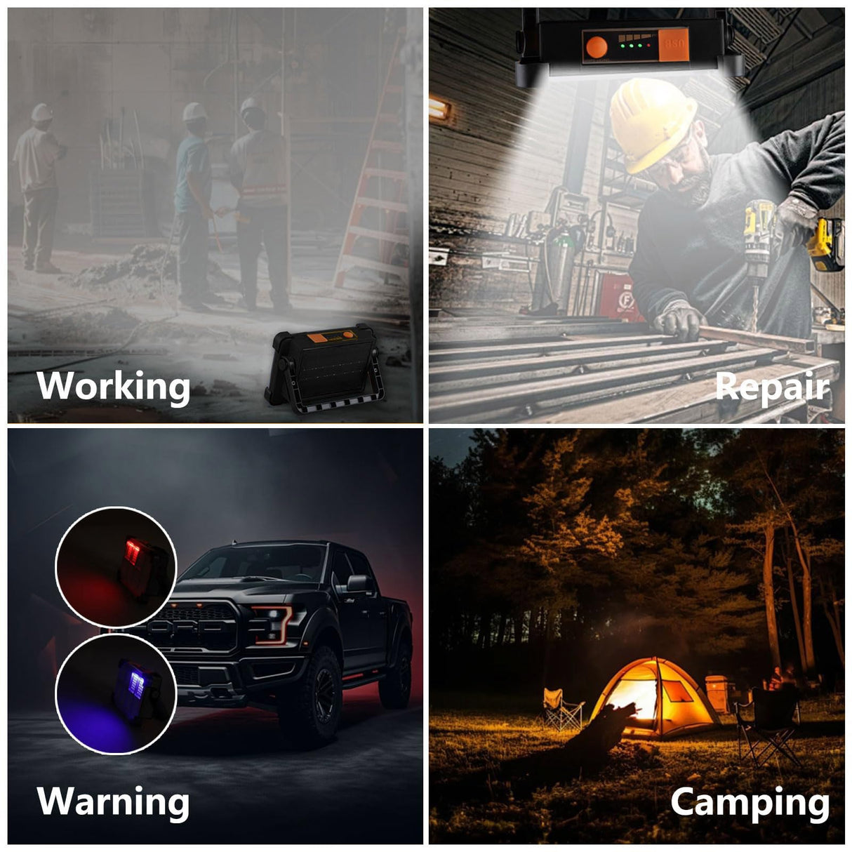 120W Solar Rechargeable Work Light, 144 LED Portable Flood Light with Stand, IP66 Waterproof 4 Modes LED Job Site Lighting Flashlights for Mechanic Camping Fishing Car Repair(Black 1 Pack)