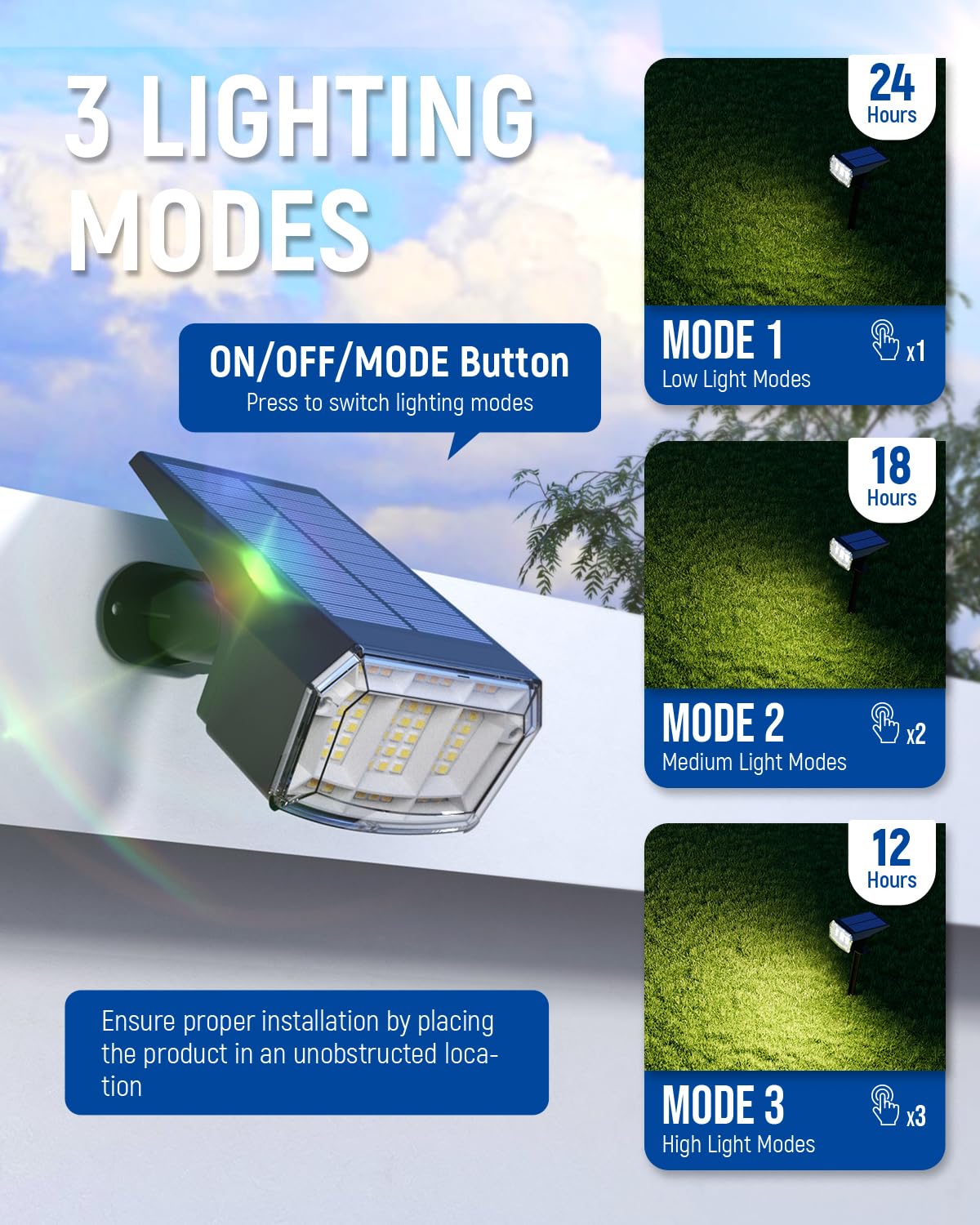 AUDERWIN Solar spotlights Outdoor 63 LED 3 Lighting Modes, IP65 Waterproof Lighten Yard Garden House Garage Pathway for Christmas Decorations-4 Pack