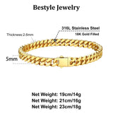 Bestyle 5mm 18K Gold Filled Miami Cuban Chains Bracelets Cool Causal Style Stainless Steel Curb Link Chain Bracelet for Men & Women, Daily Wear Gold Hand Chain 19cm/7.5Inch