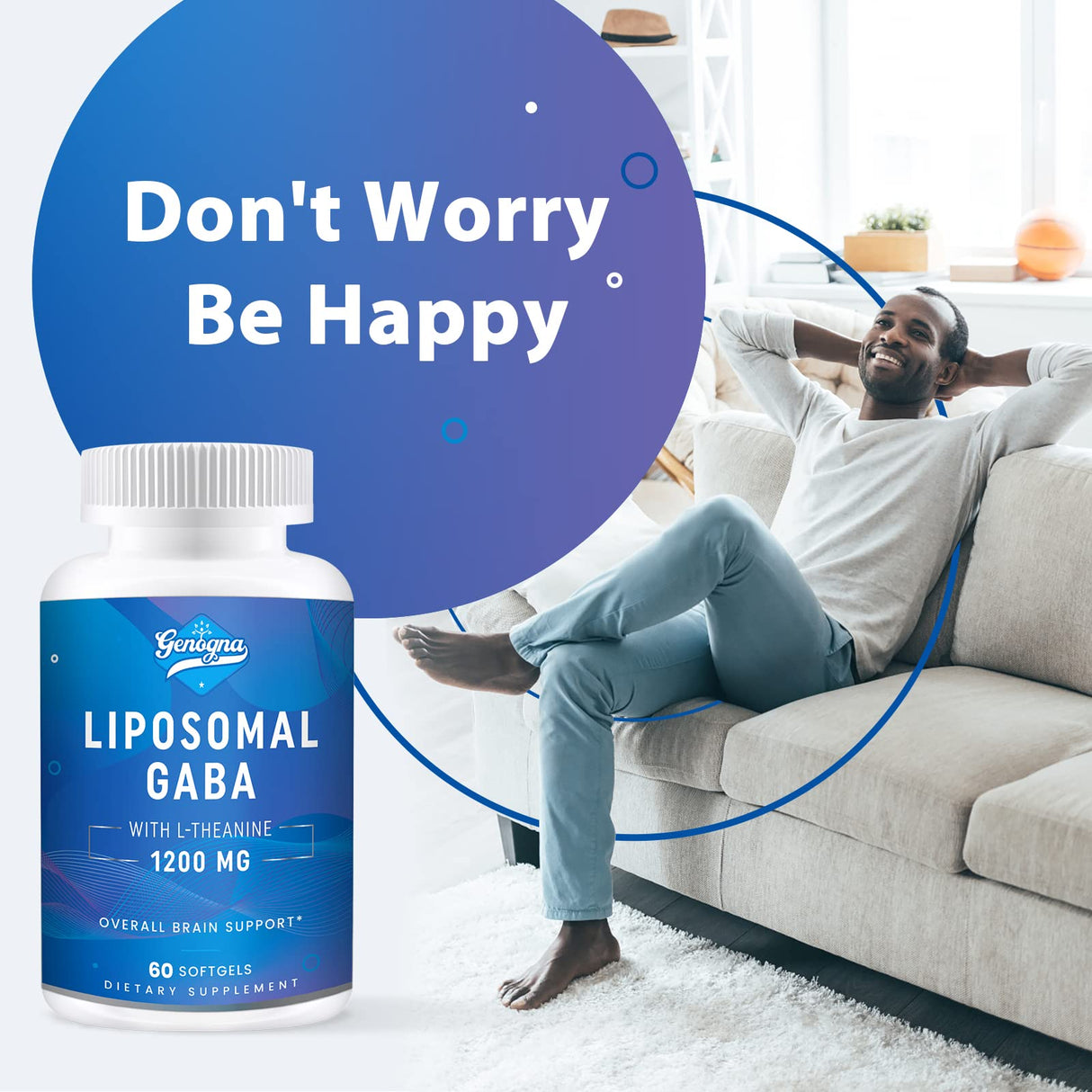 Genogna GABA with L-Theanine Supplement 1200mg - High Bioavailable Liposomal GABA Supplements, 60 Capsules for Adults