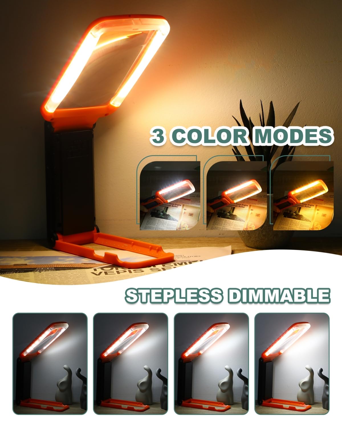 10X Magnifying Glass with Light and Stand, Rechargeable Folding Handheld Real Glass Magnifier, 3 Color Modes Dimmable Lighted Page Magnifier for Reading Small Prints, Seniors with Macular Degeneration