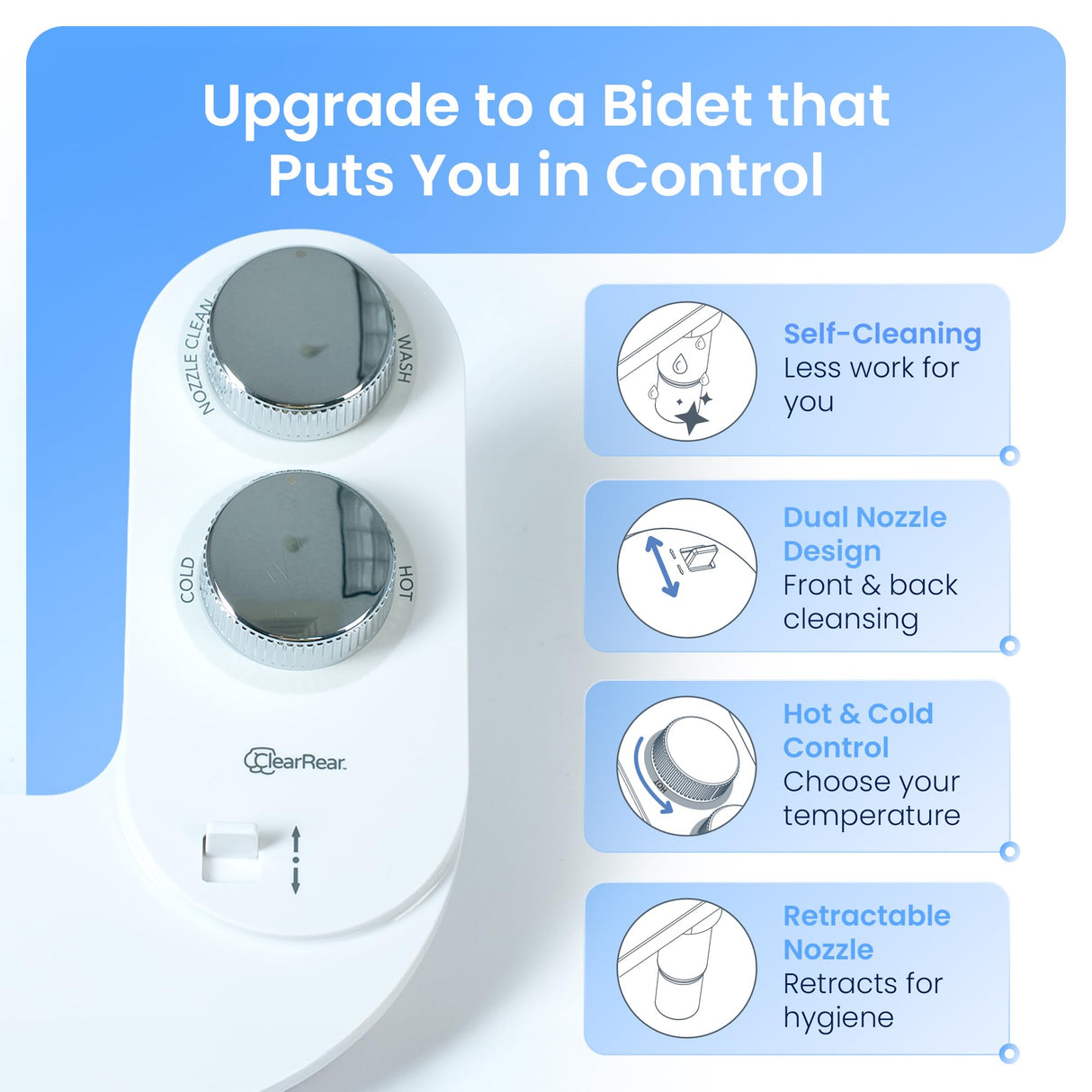 CLEAR REAR Bidet Attachment for Toilet Seat -Non-Electric with Self Cleaning Nozzles, Leak Proof Connectors, Adjustable Water Spray, Rear & Feminine Wash - Toilet Bidet Upgrades (Cold & Warm Water)