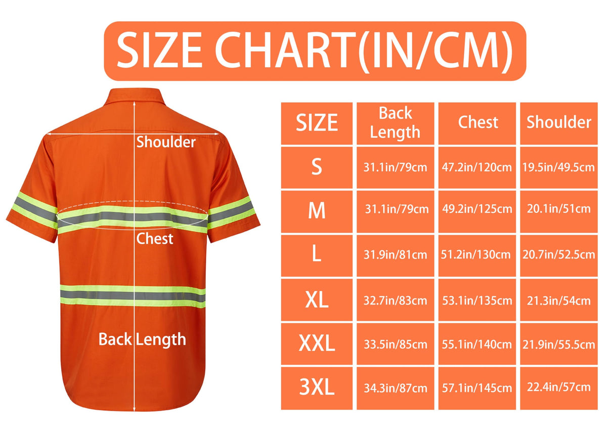 Ousafeve Class 3 Orange Hi Vis Button Up Safety Work Shirts for Men Reflective (Large, Orange_Short)