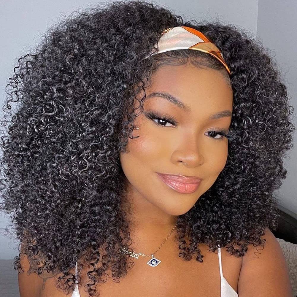 ISEE Hair Afro Kinky Curly Headband Wig Human Hair 180% Density Afro Wigs for Black Women Natural Curls 10A Glueless Human Hair Wigs (14 Inch)