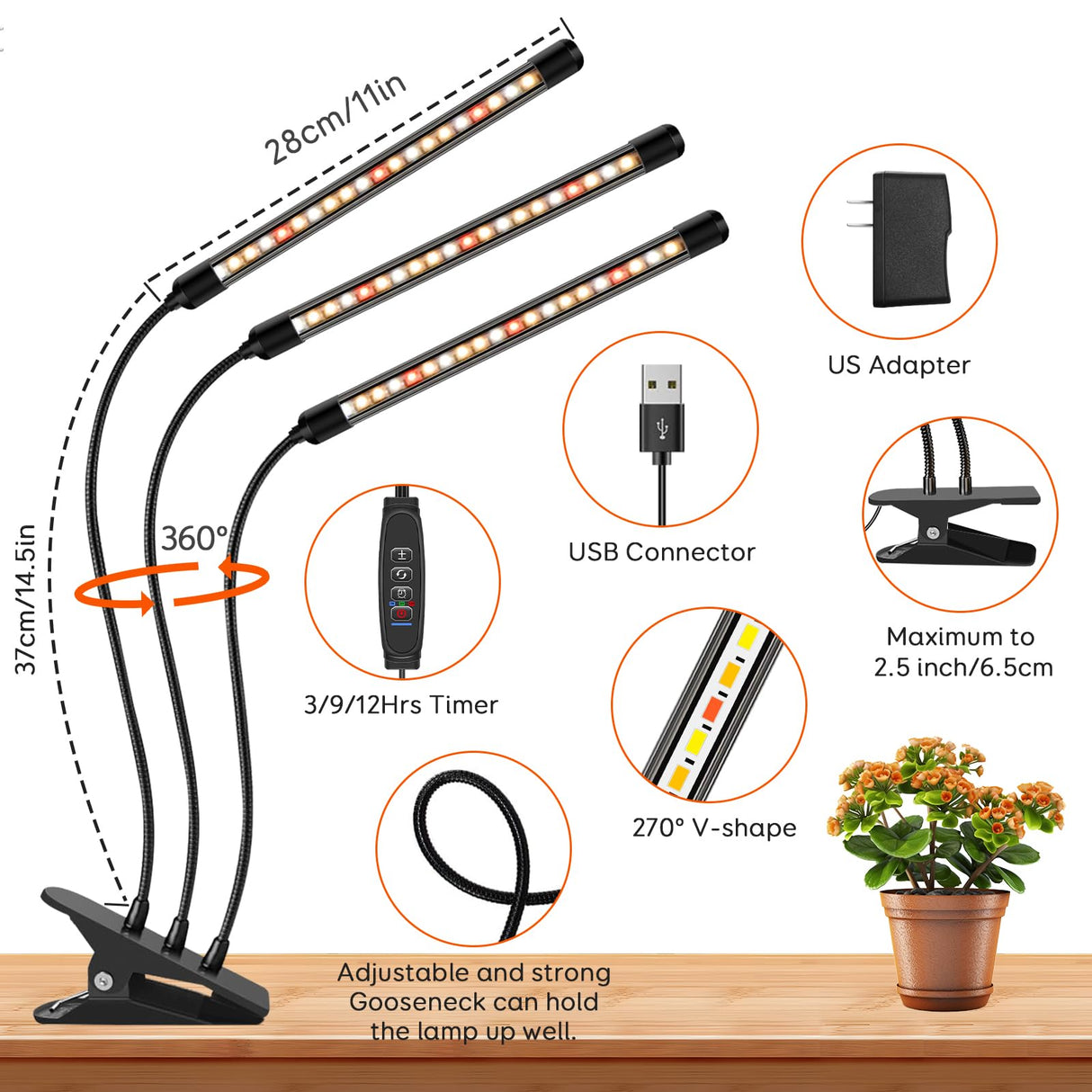 2 Pack Plant Lights for Indoor Growing, 3 Heads Grow Lights for Seed Starting, Full Spectrum Clip Grow Lamps with Auto ON & Off Timer 3/9/12H, 3 Switch Modes, 10 Dimming for Houseplants