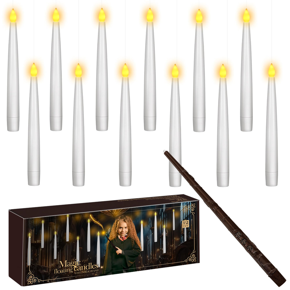 Halloween Decor Floating Candles With Wand, 20pcs Magic Hanging Candles With Remote, 6.3IN Flameless Taper Led Candle Battery Operated Floating Window Candle, Decor for Christmas, Wedding, Halloween