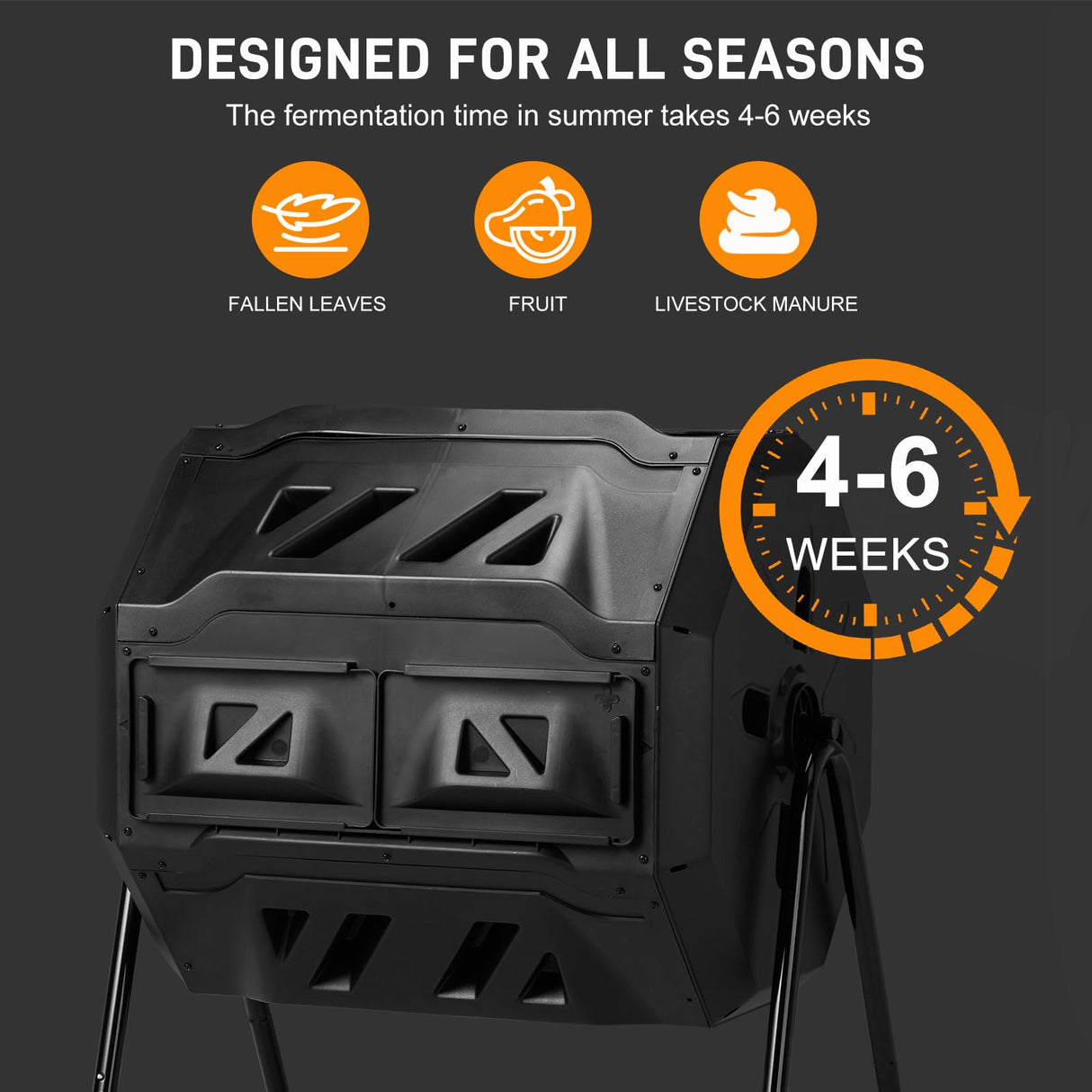 Outvita Compost Bin Outdoor, 43 Gallon Dual Chamber Tumbling or Rotating Composting Bin with Sliding Doors, Tumbler Rotating Batch Composter Bin for Garden Kitchen Yard