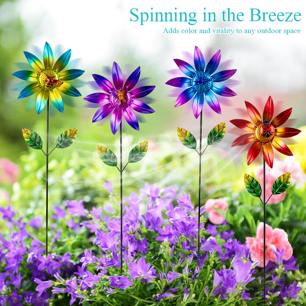 Sunnylight 4 Packs Wind Spinner Outdoor, Pinwheels for Yard and Garden, Metal Flower Decorative Garden Stakes for Lawn Patio Porch Decor