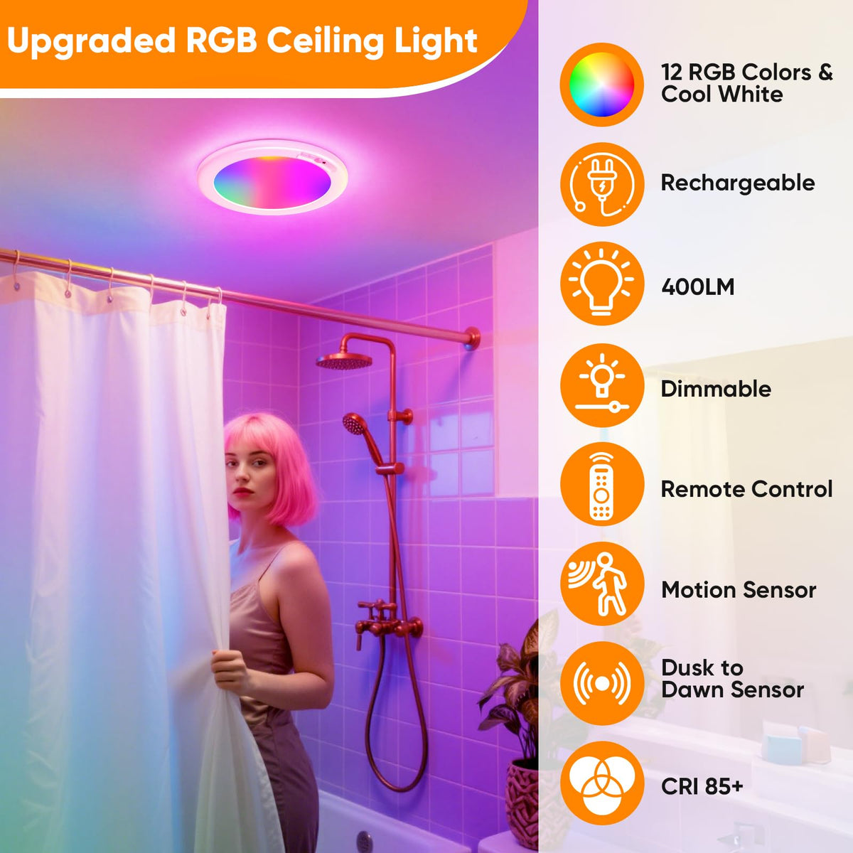 Motion Sensor Red Color 2 Pack Rechargeable Motion Sensor Ceiling Light with 12 RGB Colors and ...