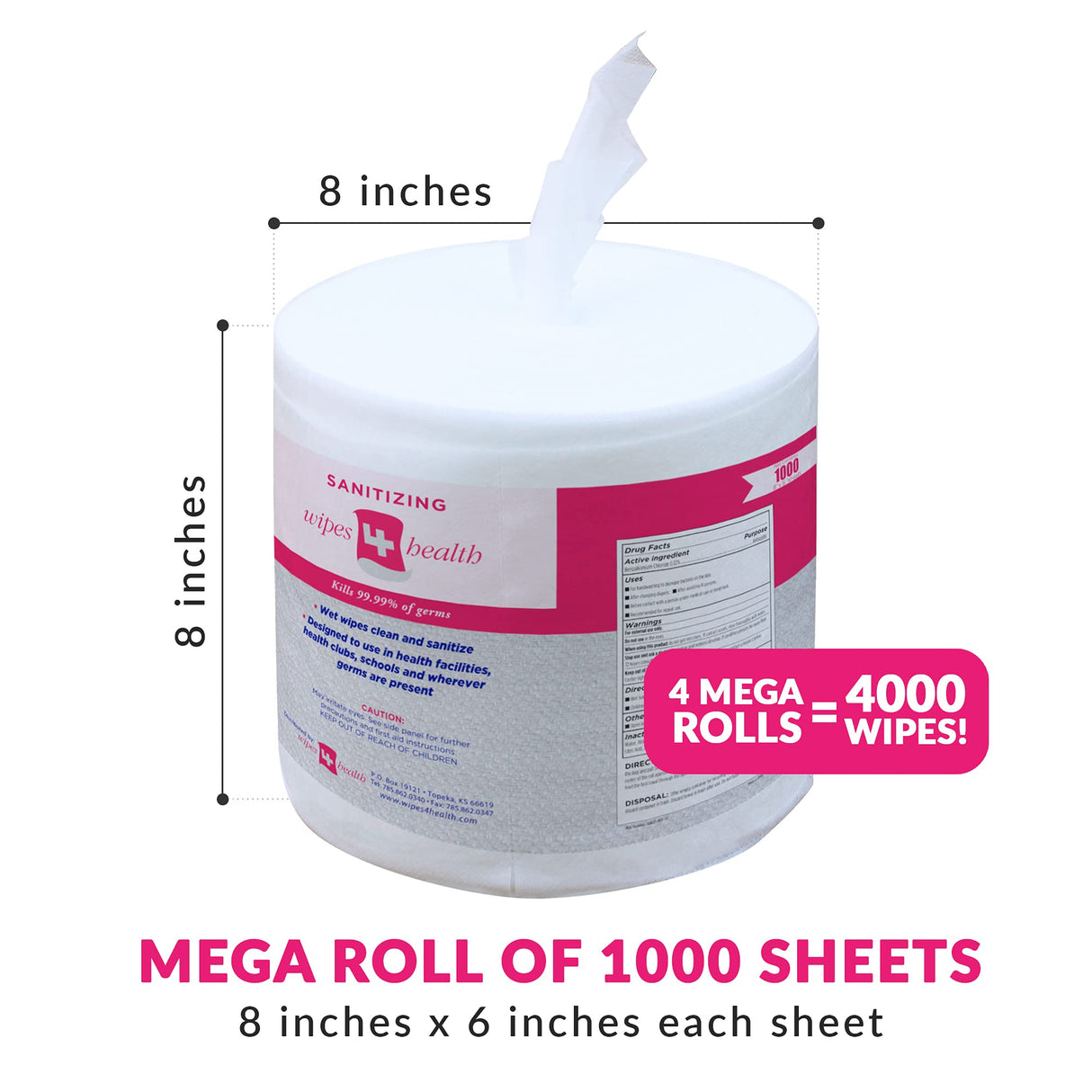 Wipes4Health Sanitizing Wipes: 4000 Unscented Wet Wipes (8" x 6"): 4 Refill Mega Rolls for Floor Stand, Wall Mounted and Bucket Dispensers - For Gyms, Fitness Clubs, Schools, Commercial Facilities