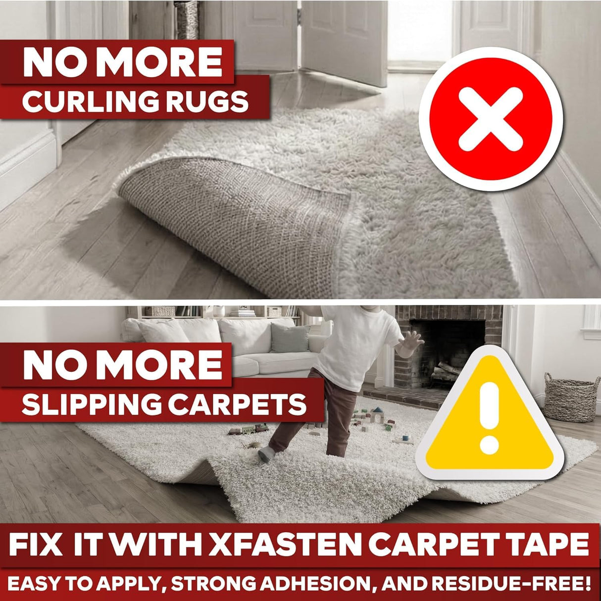 XFasten Double Sided Carpet Tape for Area Rugs, 2 Inch x 30 Yards – Heavy Duty Anti Slip Rug Grip Tape, Works as Rug Grippers, Residue Free, Wood Safe, Easy Removal for Hardwood and Laminated Floors