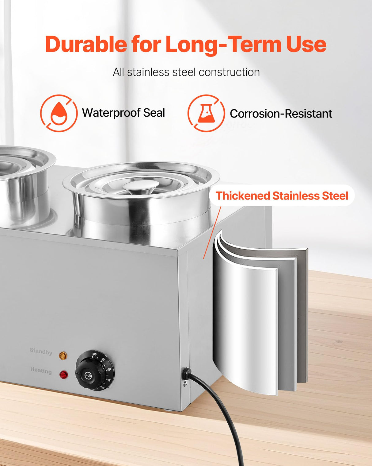 VEVOR Electric Soup Warmer, Two 6.34QT Stainless Steel Round Pot with 86~185°F Adjustable Temp, 1200W Commercial Bain Marie Compatible with Pans, Soup Station for Restaurant, Buffet