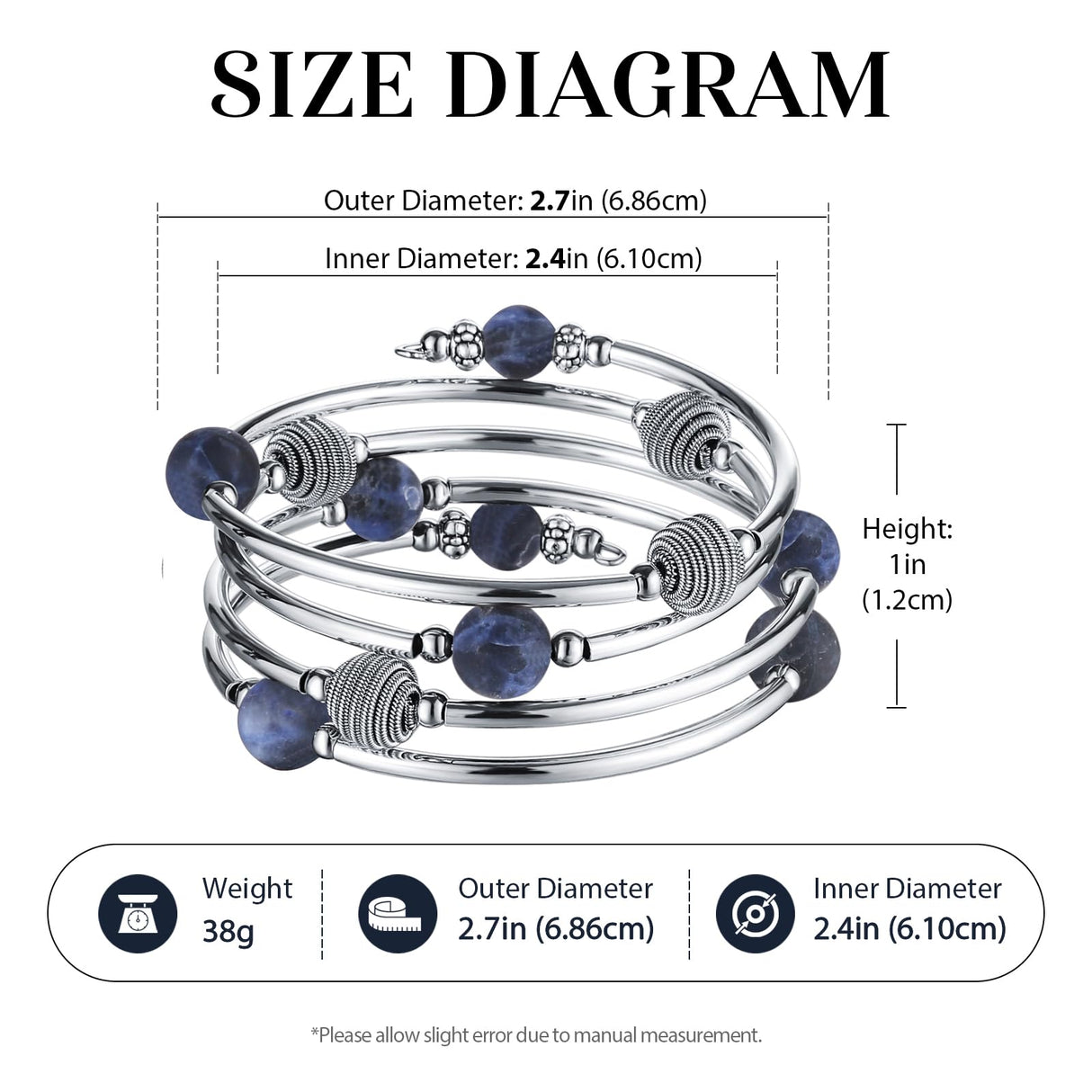 PEARL&CLUB Beaded Chakra Bangle Turquoise Bracelet - Fashion Jewelry Wrap Bracelet with Thick Silver Metal and Mala Beads, Birthday Gifts For Women(63-Navy Blue)