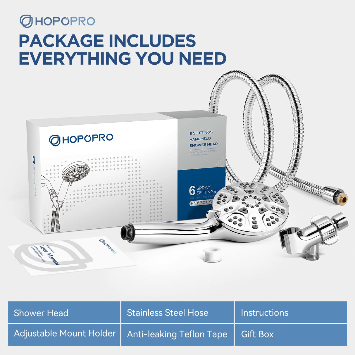 6-Mode High Pressure Handheld Shower Head Set, Consumer Reports Recommended HOPOPRO High Flow Hand Held Showerhead with 59 Inch Hose Bracket Teflon Tape Rubber Washers
