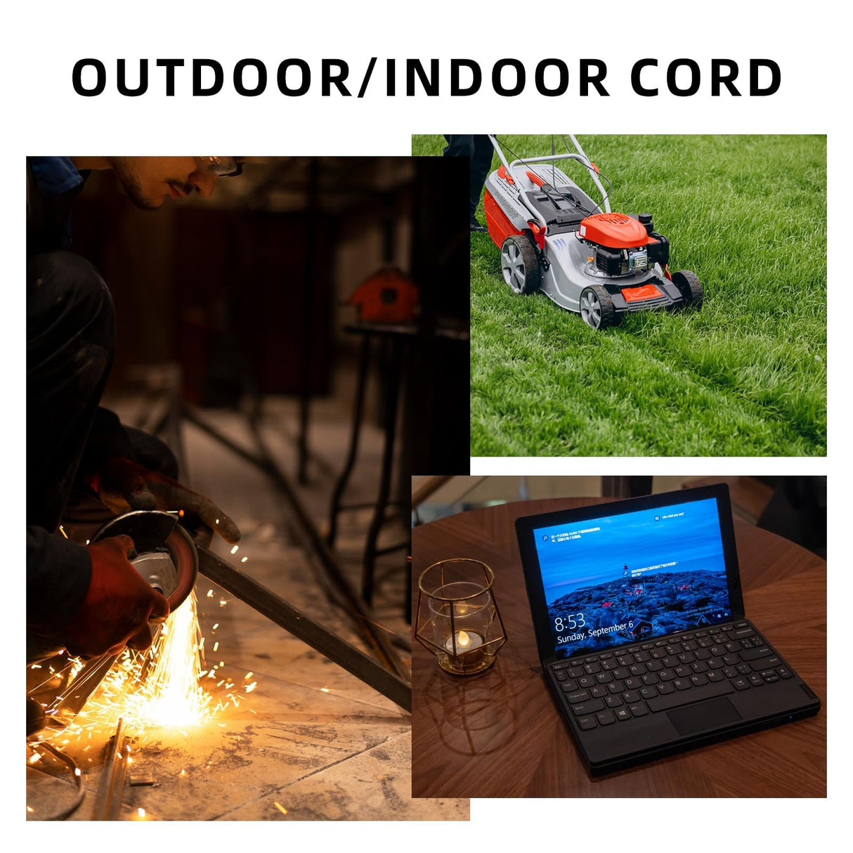 EP 15 Ft Outdoor Extension Cord - 12/3 SJTW Heavy Duty Black Extension Cable with 3 Prong Grounded Plug - Power Cord for Lawn, Garden, Appliances