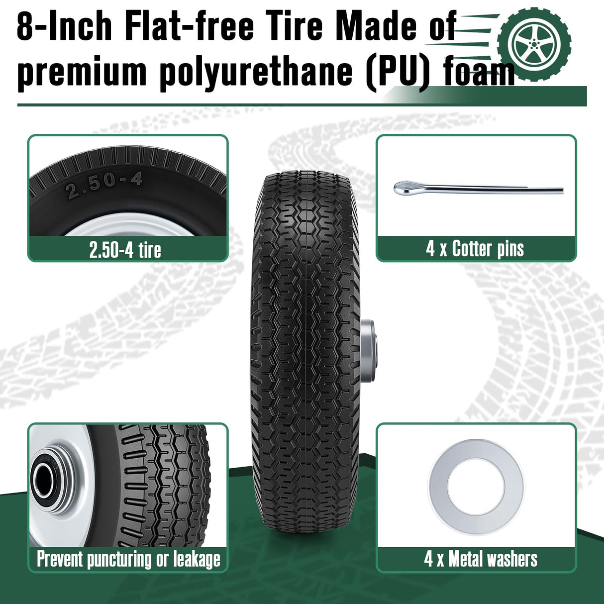 8-Inch Flat-free Tire and Wheel, 2.50-4 Solid Tire Replacement with 5/8 Bearings, 2.2" Offset Hub Compatible with Hand Truck, Garden Wagon, Trolley Dolly (2 Pack)