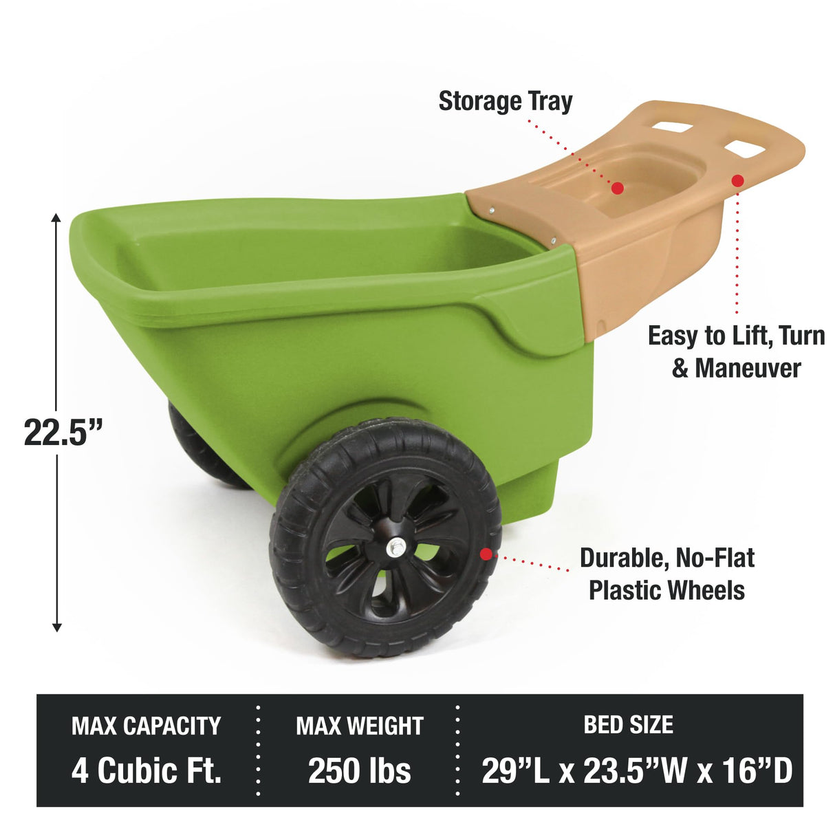 Simplay3 Easy Haul Durable Wheelbarrow with Garden Tool Storage Tray - Large Easy Turn Wheels - Green - Made in USA