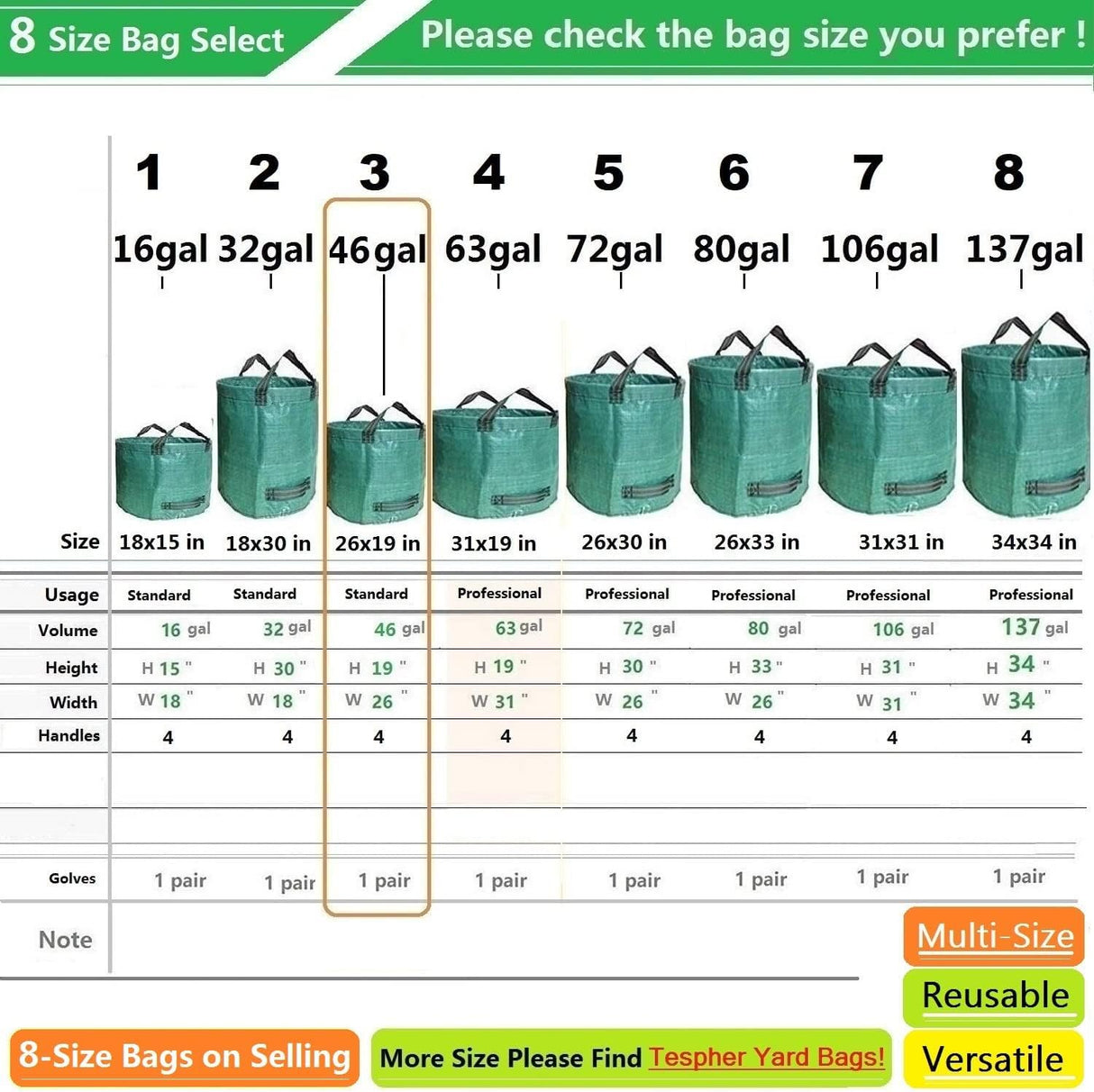 Standard 3-Pack 46 Gallon Lawn Garden Bags (D26,H19 in) Yard Waste Bags with Gardening Gloves for Leaf Bag,Yard Debris,Garden Trash Container,Camping Waste Bin,Lawn Weeds,Grass Clippings Bag 4 Handles