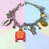 Music Inspired Charm Bracelet, Silver Chain with Red Jacket, Hat, Glove, BAD Charms, 7.29 Inch