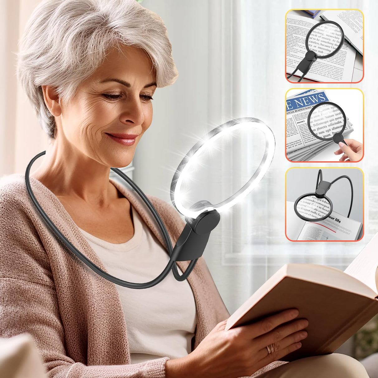 IMICHI Magnifier with Light Hands Free for Reading, 5.1 Inch 6X Magnifying Glass for Reading, Neck-Worn Large Magnifier for Seniors, Useful Gifts Perfect for Reading, Sewing, Cross-Stitching