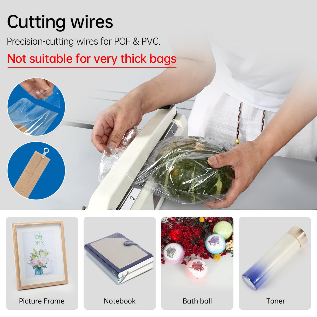 R-PACK Impulse Heat Sealer with Cutter, Heavy-Duty Bag Sealing & Cutting Machine, 2 Extra Replacements (White, 16-Inch)