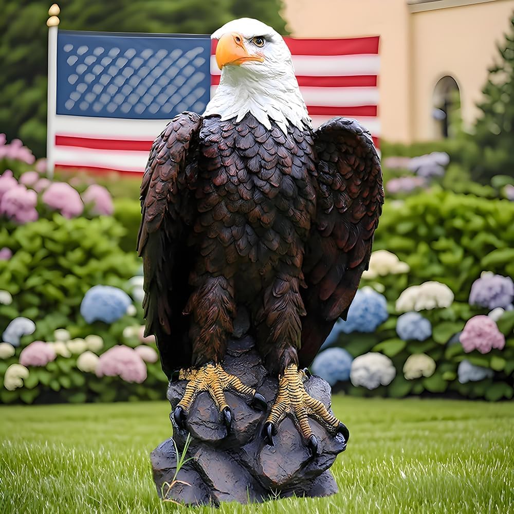 KUCKGO Bald Eagle Statue Outdoor - Large American Eagle Figurine for Garden, Yard, and Outside Decor | Majestic Realistic Hand-Painted Resin Sculpture, 24.4-Inch