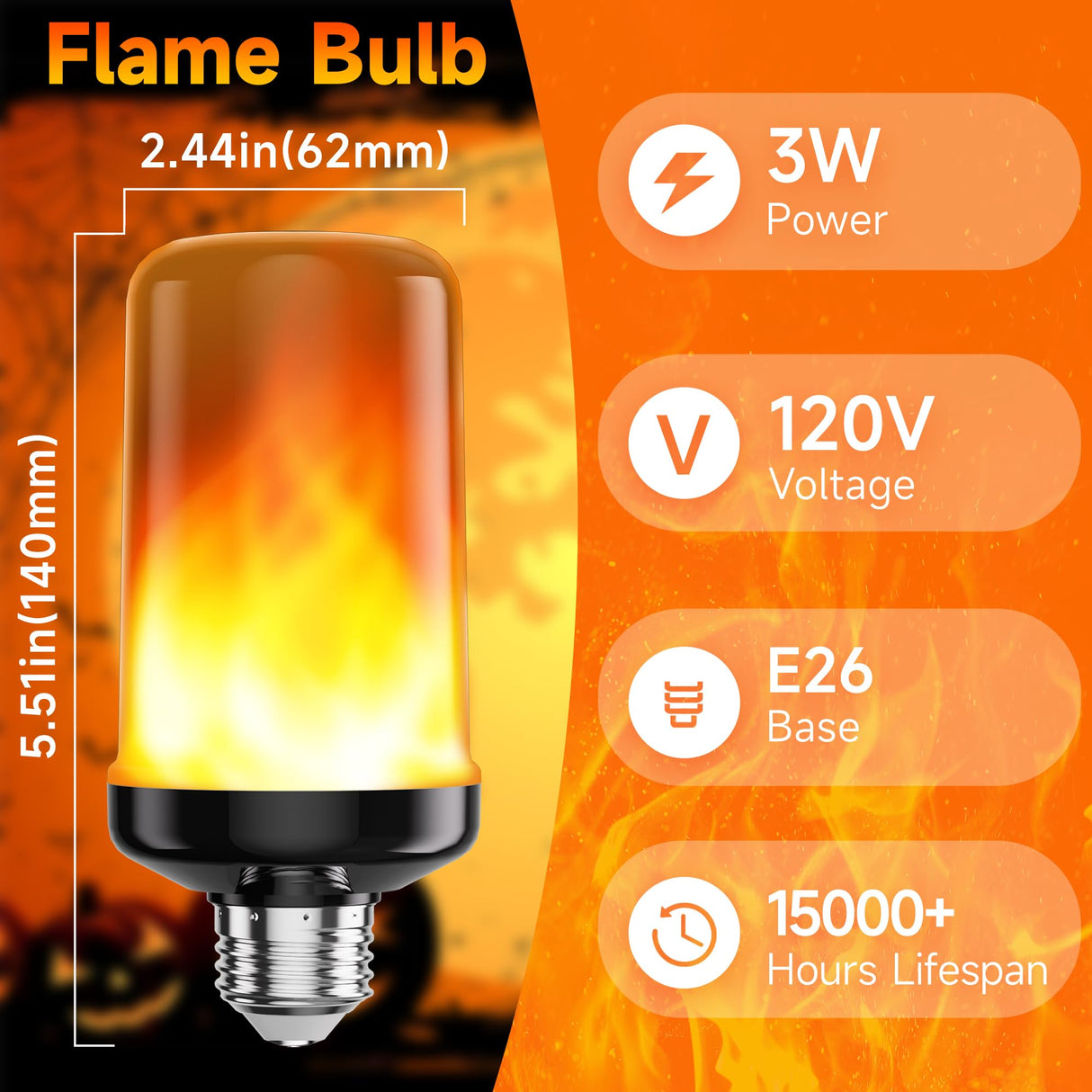 hyrion LED Flame Light Bulbs, 4 Modes Flickering Light Bulbs with Upside Down Effect, E26 Base Flame Fire Lights Bulb for Halloween Christmas Decor Porch Outdoor Indoor Home (2 Pack)