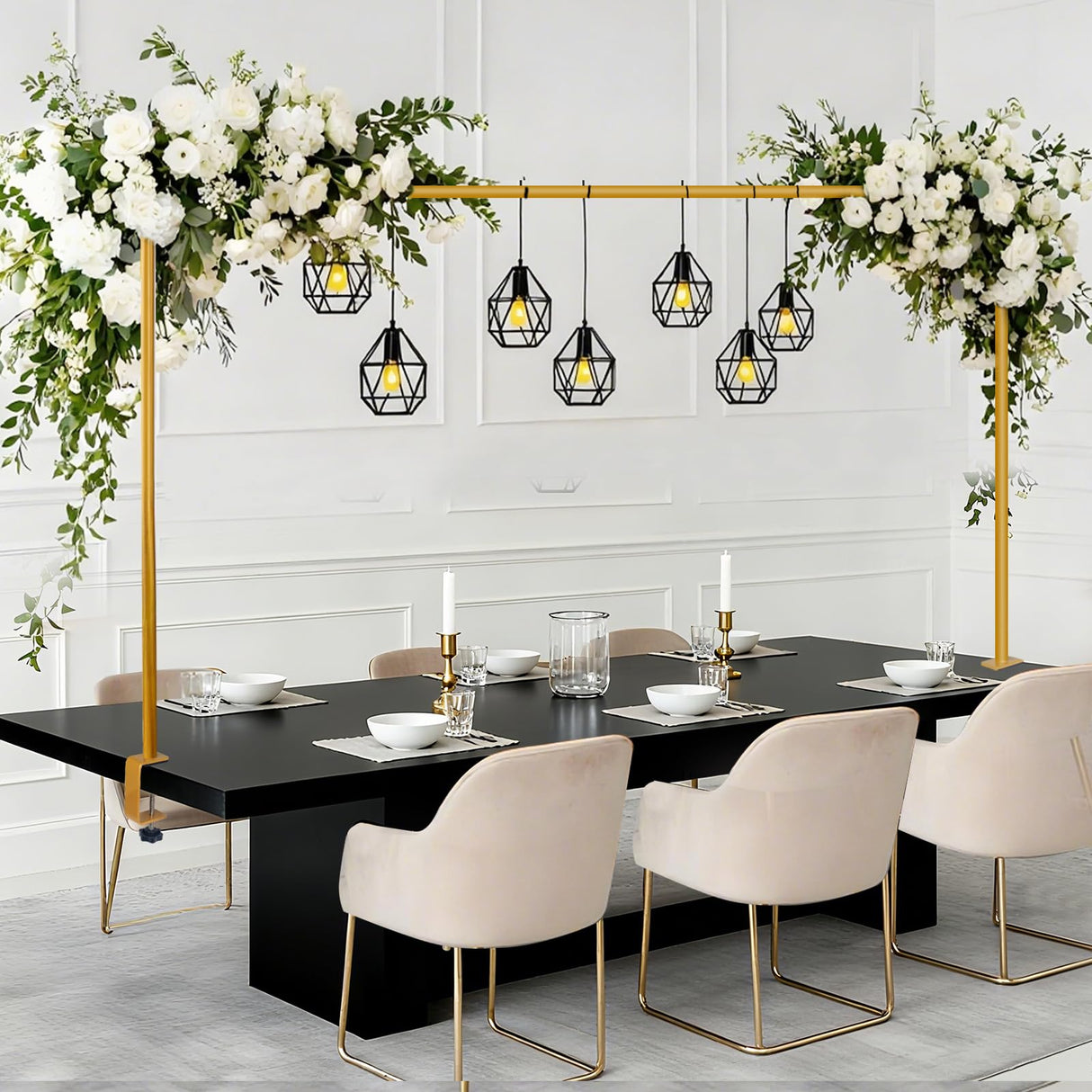 JEBUTU Over The Table Rod Stand with Clamps Adjustable 47"-98" Length 30"-43" Height Gold Table Arch Stand Hanging for Decoration Flowers Display Wedding Birthday Party Halloween Christmas