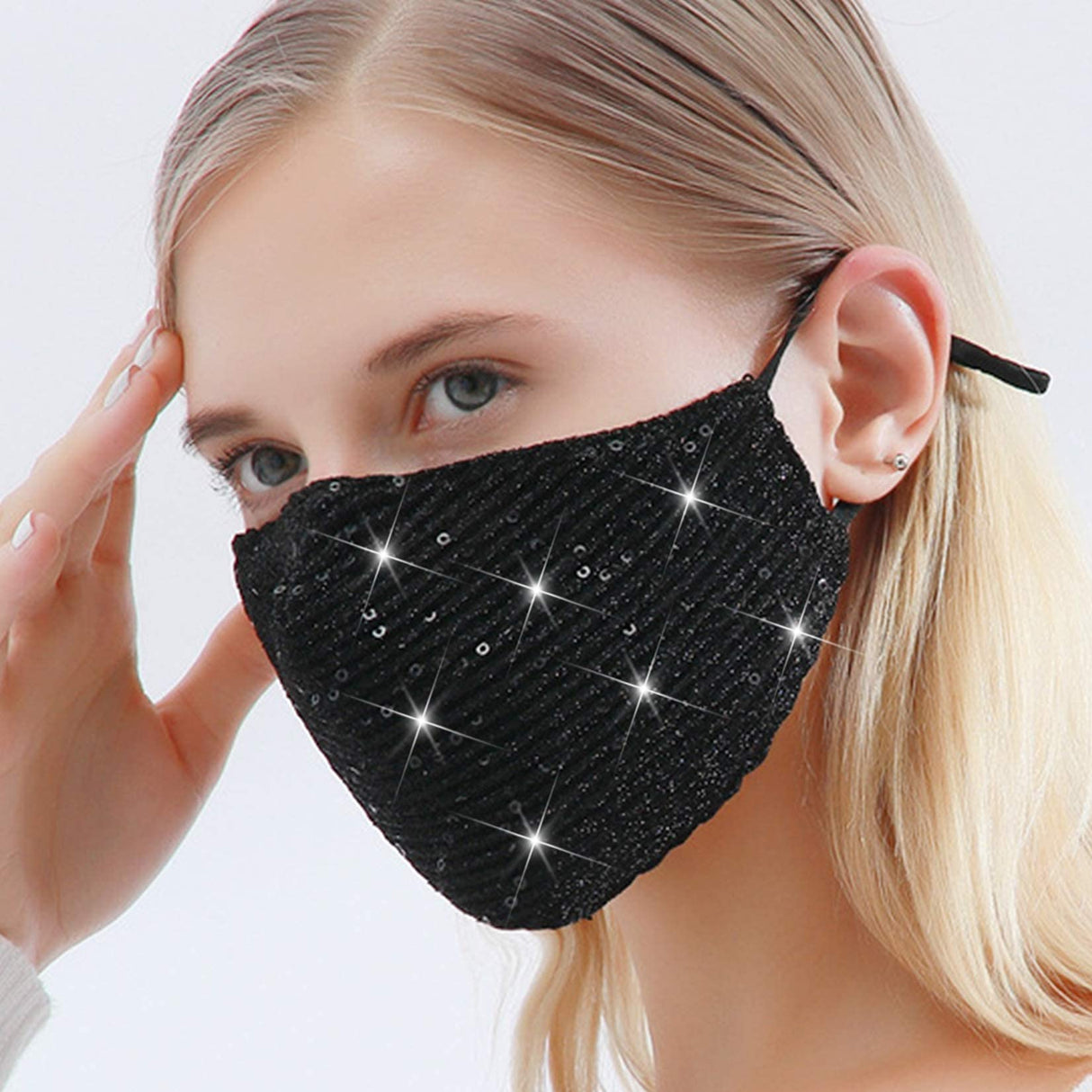 Sparkly Sequins Mouth Masc Fashion Designer Glitter Cotton Face Cover With Adjustable Ear Loops Reusable Masquerade Party Nightclub Rave Festival Sequins Face Covering (Black)